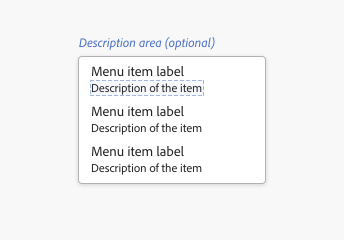 Diagram showing the composition of the optional description area for a menu item. The description area with a description of the menu item directly follows the menu item’s label.