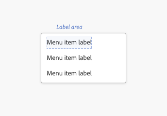 Diagram showing the composition of the label area for a menu item. A generic label reading Menu item label consists of the label area.