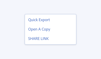 Key example of incorrect ways to format labels for menu items. A menu with 3 menu items, labels Quick Export, Open A Copy, SHARE LINK. First label uses title case, where both the Q and the E are capitalized in Quick Export. Second example uses title case, where the O, A, and C are capitalized in Open A Copy. Third example uses all-caps, where all letters are capitalized in SHARE LINK.