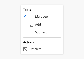 Example of a menu with 2 section headers. First section header, label Tools. 3 menu items with icons, labels Marquee, Add, Subtract. Second section header, label Actions. 1 menu item, label Deselect.