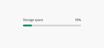 Key example of a meter in the Spectrum for Adobe Express theme. Positive variant. Meter label Storage space, 15% full.
