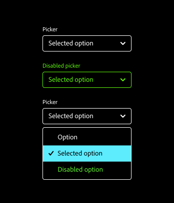 Key example of pickers in Windows “high contrast black” theme with label “Picker”, disabled picker with label “Disabled picker”, and selected picker with menu displaying options labeled “Option”, “Selected option” in selected state, and “Disabled option” in disabled state.