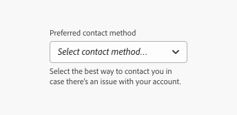 Key example of a picker’s help text in overflow, wrapping to two lines. Picker label, Preferred contact method. Prompt text, Select contact method… Help text shown in gray color, Select the best way to contact you in case there’s an issue with your account.