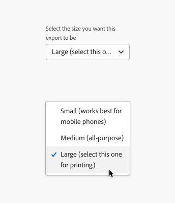 Key example of text overflow behavior in a dropdown. A label with the wrapping text Select the size you want this export to be. A dropdown with the truncated selected value of Large select this followed by ellipsis. A menu with the wrapping text Small works best for mobile phones.