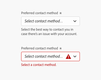 Key example of a picker using help text description and error message. Picker label, Preferred contact method. Prompt text, Select contact method… Help text shown in gray color, Select the best way to contact you in case there’s an issue with your account. Error message shown in red color, Select a contact method.