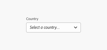 Key example of a picker with a label. A picker in the closed state with the label Country and placeholder text Select a country, followed by ellipsis.