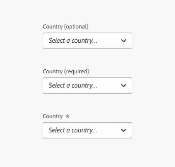 Key example of optional and required pickers. A picker in the closed state with the label Country (optional) and placeholder text Select a country, followed by ellipsis. A picker in the closed state with the label Country (required) and placeholder text Select a country, followed by ellipsis. A picker in the closed state with the label Country and an asterisk and placeholder text Select a country, followed by ellipsis.