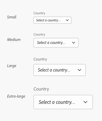 Key example of four pickers with top labels showing the size options available including small, medium, large, and extra-large. UI text is: label, Country. Selected option, Select a country.
