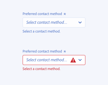 Key example of incorrect usage of switching help text with error text in a picker. Required picker label, Preferred contact method. Prompt text, Select contact method… Help text shown in gray color, Select a contact method. Error text shown in red color, Select a contact method.