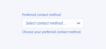 Key example of incorrect usage of help text with a picker. Picker label, Preferred contact method. Prompt text, Select contact method… Help text shown in gray color, Choose your preferred contact method.
