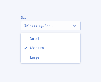 A key example showing correct picker menu item text length. A picker in the open state with the label size and placeholder text Select an option followed by ellipsis, a menu with the items Small, Medium, and Large.