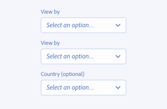 A key example showing correct usage of required and optional pickers. A picker with the label View by and the placeholder text Select an option followed by ellipsis. A picker with the label View by and the placeholder text Select an option followed by ellipsis. A picker with the label Country (optional) and the placeholder text Select an option followed by ellipsis.