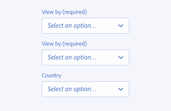 A key example showing incorrect usage of required and optional pickers. A picker with the label View by (required) and the placeholder text Select an option followed by ellipsis. A picker with the label View by (required) and the placeholder text Select an option followed by ellipsis. A picker with the label Country and the placeholder text Select an option followed by ellipsis.
