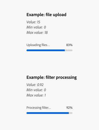 Two key examples of progress bars, showing value, min value, and max value. First example, file upload. Value 15, min value 0, max value 18. Progress bar label, Uploading files… 83% completed. Second example, filter processing. Value 0.92, min value 0, max value 1. Progress bar label, Processing filter… 92% completed.