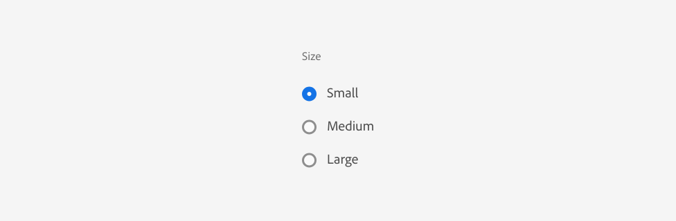 Group of three vertical radio buttons, small, medium and large. The radio button small is selected. The label "Size" is placed on top of the radio button group.