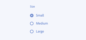 Key example showing the correct usage for radio buttons. Three radio buttons with the label "small", "medium" and "large" select the size. The first radio button is selected.