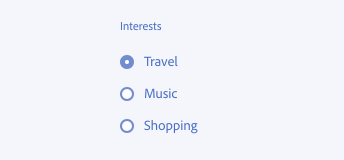 Key example of incorrect usage of radio buttons. A radio button group, label Interests, includes 3 radio buttons, labels Travel, Music, Shopping. These options would be better shown as a checkbox group.