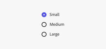Key example showing a radio group in Spectrum for Adobe Express theme. 3 radio buttons, labels Small, Medium, Large. Small is selected.