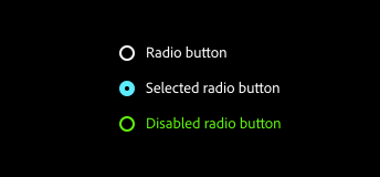 Key example of radio in Windows “high contrast black” theme with label “Radio button”, selected radio with label “Selected radio button”, and disabled radio with label “Disabled radio button”.