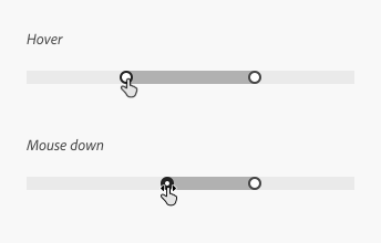 Key examples of a scroll-zoom bar showing the correct cursors depending on the interaction. On hover, a pointing hand cursor appears. On mouse down, a pointing hand slider cursor appears when scrolling.