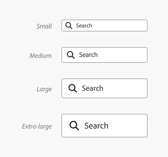 A search field in the default state, with a label Search and a search icon, in four sizes: small, medium, large, and extra-large.
