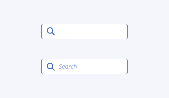 Key example showing two incorrect usages of labels in search fields. First example, a search field with no label. Second example, a search field’s label, Search, is shown in light gray italicized text, styled as placeholder text instead of label text.