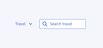 Example of the correct way to design a scoped search functionality by pairing a picker with a search field. Selected picker option, Travel. Search field label, Search travel.