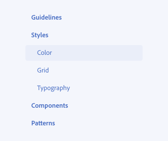 Key example of using concise title for navigation items. Navigation items from up to down are guidelines, styles, color, grid, typography, components, patterns.