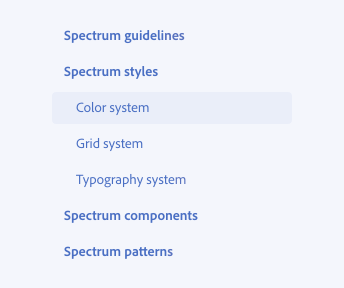Key example of using discursive title for navigation items. Navigation items from up to down are spectrum guidelines, spectrum styles, color system, grid system, typography system, spectrum components, spectrum patterns.
