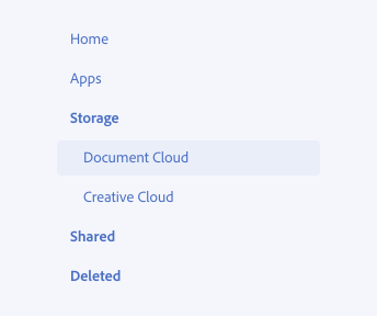 Key example of choosing incorrect side navigation variation. Navigation items are home, apps, storage, sub-level item document cloud, sub-level item creative cloud, shared, send&track and reviews.