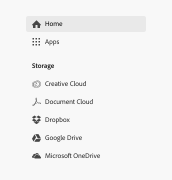 Key example of single-level side navigation component. Navigation items are home, apps, creative cloud, document cloud, dropbox, google drive and Microsoft OneDrive. Each item has corresponding icon on its left.