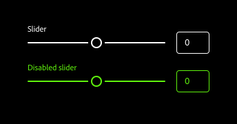 Key example of sliders in Windows “high contrast black” theme with label “Slider” and disabled slider with label “Disabled slider” both with value of 0.