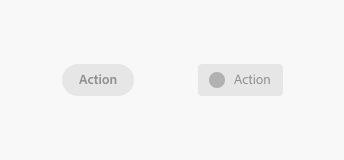Key example of an accent button, label Action and action button with a placeholder icon, label Action, both in their disabled state.
