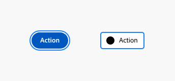 Key example of an accent button, label Action and action button with a placeholder icon, label Action, each in its keyboard focus state. The accent button has a detached 2-pixel blue ring around it, while the action button has a blue 2-pixel border.