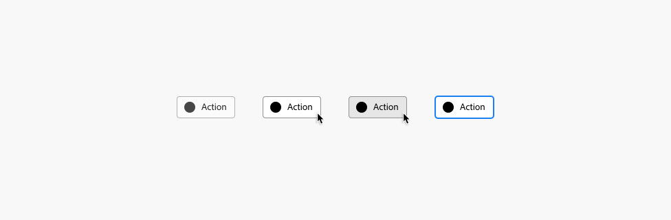 Example of four states of an action button with a placeholder icon, label Action. Default, hover, down, and keyboard focus states.