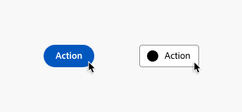 Key example of an accent button, label Action and action button with a placeholder icon, label Action, each in its hover state with an arrow cursor hovering over them in the bottom right corner.