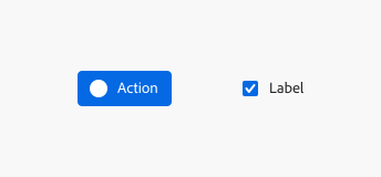 Key example of a selected emphasized action button with a placeholder icon, label Action, selected emphasized checkbox, label Label.