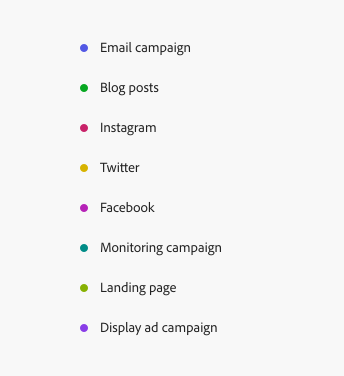 Eight key examples of status lights using non-semantic colors to categorize items. First example, indigo dot, label Email campaign. Second example, celery green dot, label Blog posts. Third example, magenta dot, label Instagram. Fourth example, yellow dot, label Twitter. Fifth example, fuchsia dot, label Facebook. Sixth example, seafoam dot, label Monitoring campaign. Seventh example, chartreuse dot, label Landing page. Eighth example, purple dot, label Display ad campaign.