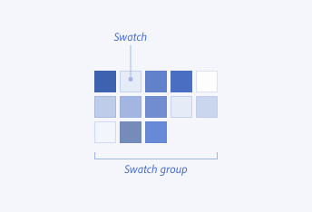 Image illustrating through labels the component parts of a swatch group, including 13 individual swatches of different colors, grouped together to create a swatch group.