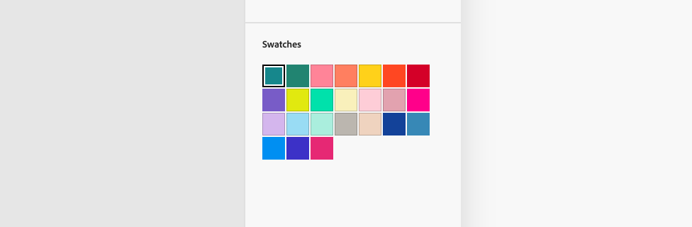 Key example of a swatch group inside a panel, label Swatches, containing 24 swatches, all with different colors, with the first swatch selected.