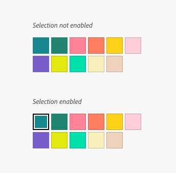 Key example of two swatch groups containing 11 swatches, all different colors, with selection enabled and not enabled. Swatch group with selection enabled has first swatch selected.