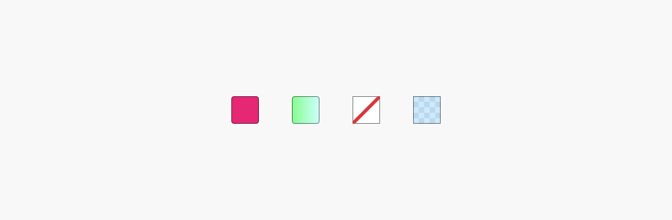 Key example of four different medium-sized square swatches. Preview, solid magenta, default rounding. Preview, blue-green gradient preview, default rounding. Preview, nothing, no rounding. Preview, blue at 20% opacity on top of an opacity checkerboard, no rounding.