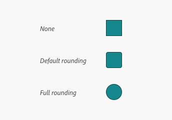 Key example of three swatches showing the corner rounding options available including none, default, and full rounding.