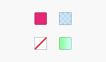 Key example of four different medium-sized square swatches. Preview, solid magenta, default rounding. Preview, blue-green gradient preview, default rounding. Preview, nothing, no rounding. Preview, blue at 20% opacity on top of an opacity checkerboard, no rounding.