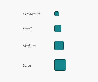 Key example of four square swatches showing the size options available including extra-small, small, medium, and large.