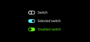 Key example of switch in Windows “high contrast black” theme with label “Switch”, selected switch with label “Selected switch”, and disabled radio with label “Disabled switch”.
