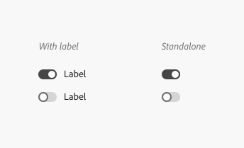 Key example showing two switch groups  for the option with label and standalone. A label is place on the right side of the first two switches. No label is placed next to the standalone switches.