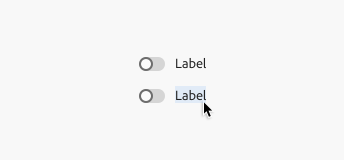Key example of two read-only switches. stacked vertically. Each has a label with generic placeholder text that says Label. Neither of the switches are selected. The second switch shows an arrow cursor hovering over and highlighting the label text in blue, to copy it.