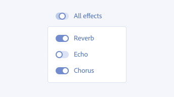 Key example showing incorrect way to show multiple switches with mixed values. One switch, label All effects, is neither in the selected or not selected state. This is shown in context to a group of 3 switches, labels Reverb, Echo, Chorus. Reverb and Chorus are in the selected state, while Echo is not selected.