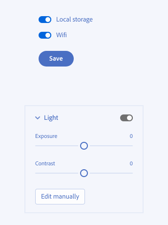 Key example showing the correct usage of emphasized switches. The first switch group in a form enable local storage and wifi features. The two switches are selected and the track color is blue. The second switch group show one switch in the not emphasized option inside an application panel. The switch selected and the track color is dark gray.